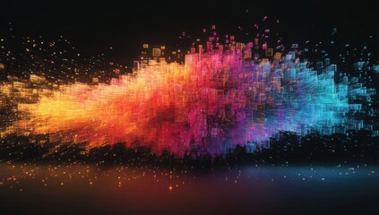 Poster - Abstract Digital Explosion of Colorful Particles with Bright Splashes of Orange, Pink, and Blue Creating a Dynamic Visual Effect on a Dark Background