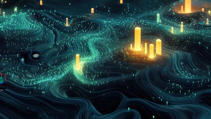 Poster - Abstract digital landscape with glowing bars and particles on a dark background, representing data flow, technology, and innovation, perfect for tech-related projects and designs.