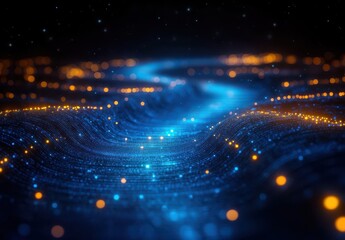 Poster - Abstract Digital Landscape with Glowing Blue and Orange Particles Creating a Wave-like Effect, Perfect for Technology, Science, and Data Visualization Concepts
