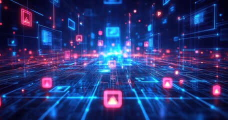 Poster - Abstract digital landscape with glowing lines and icons representing data flow, technology connections, and information processing in a futuristic environment