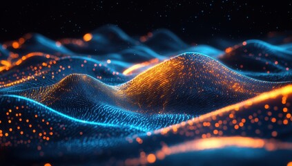 Poster - Abstract Digital Landscape with Glowing Particles and Waves in Blue and Orange Colors, Representing Data Flow and Modern Technology Concept