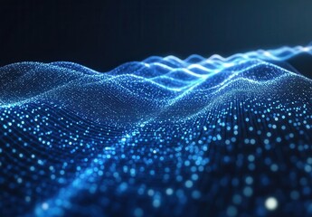 Poster - Abstract Digital Landscape with Glowing Particles and Wavy Structures in Blue Color Palette, Representing Data, Connectivity, and Technology Concepts