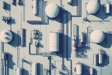 Poster - Geometric industrial pattern depicting oil tanks and pipes in a modern facility. Generative AI