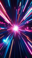 Fototapete - Dynamic light bursts. Sharp neon pink and blue lines radiating. Abstract glowing patterns with depth perception. Vertical banner web cover, print ad, presentation, brochure template