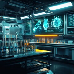 Leinwandbilder - Modern laboratory setup with glowing monitors and test tubes displaying virus research at night. Generative AI