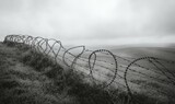 Wide-angle shot of a rolling hillside covered in a thick layer of barbed wire, rural, scenery