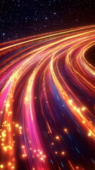Fototapete - Flowing lines of red and yellow light energy. Fast-moving neon road effect. Curved laser rays with bursts of brightness on a dark backdrop. Vertical banner web cover, print ad, presentation, brochure