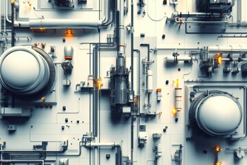 Poster - Geometric industrial pattern of oil tanks, pipes, and rigs in an extensive network on a flat surface. Generative AI