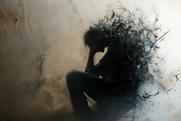 Aufkleber - Exploring the depths of mental turmoil through abstract representation in a shadowy setting. Generative AI
