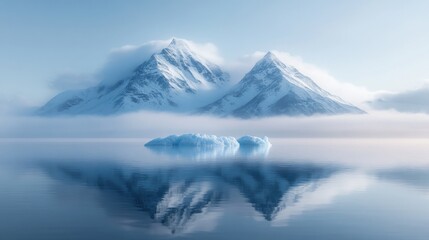 Wall Mural - Arctic iceberg, misty mountains reflecting in calm water.