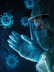 Aufkleber - Protective equipment displayed against a backdrop of fading viruses during a health crisis at a laboratory setting. Generative AI
