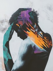 Leinwandbilder - Individual expresses discomfort while surrounded by abstract waves and shapes in a creative representation of pain. Generative AI