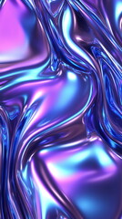 Fototapete - Metallic rainbow liquid texture. Reflective, glossy foil surface with wavy curves in neon blue and purple. 3D holographic background. Vertical element for festive party, seminar talks, social media po
