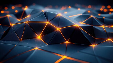 Wall Mural - Dark polygonal landscape with glowing lines and particles.