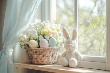 Wall Mural - A cozy nook with a basket of pastel-colored eggs, a soft bunny plush toy, and fresh spring flowers on a sun-dappled shelf