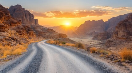 Wall Mural - Desert road winding through canyons at sunset.