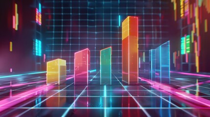 Poster - Colorful 3D bar graph representing data analysis in digital environment, showcasing vibrant neon colors and futuristic grid background, ideal for technology and finance themes