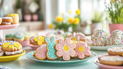 Wall Mural - A bright kitchen with Easter cookies shaped like bunnies and flowers, displayed on colorful plates with vibrant spring decor