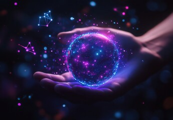 Poster - Abstract representation of a human hand holding a glowing spherical object infused with cosmic colors and light patterns, symbolizing creativity and innovation in digital art