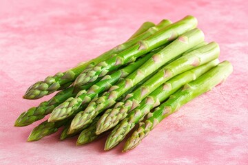 Fresh green asparagus spears on pink. Ideal for recipes, healthy eating, or spring themes.