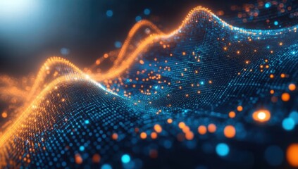 Poster - Abstract Representation of Digital Waveform with Particles and Illuminated Dots in Blue and Orange Colors Creating a Dynamic and Modern Background