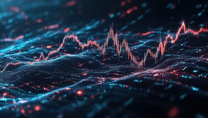 Poster - Abstract representation of financial data trends with glowing lines and particles depicting stock market fluctuations and digital networks in blue and red tones