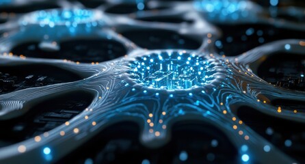 Poster - Abstract representation of interconnected digital networks featuring glowing nodes and intricate pathways, illustrating the complexity of modern technology and data flow.