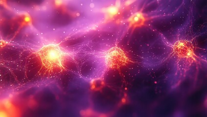 Poster - Abstract Representation of Neural Connections and Synapses in a Colorful Digital Space with Deep Purple and Orange Hues