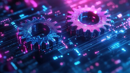 Poster - Abstract Representation of Two Interlocking Gears in a Futuristic Cyber Background Highlighting Technology and Innovation in Digital Processes