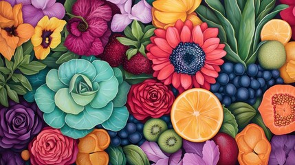 Wall Mural - Vibrant Floral and Fruit Composition in Lush Colorful Arrangement