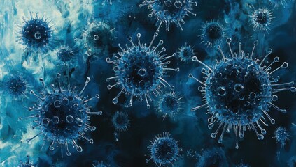 Poster - Abstract Representation of Viruses in a Dark Blue Background Showing Intricate Details of Pathogens and Their Structures in a Scientific Style