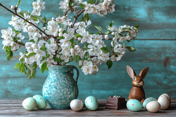 Wall Mural - Easter still life with branches of a blooming apple tree in a vase, Easter eggs and a chocolate rabbit