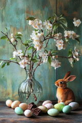 Wall Mural - Easter still life with branches of a blooming apple tree in a vase, Easter eggs and a chocolate rabbit. rustic style background 