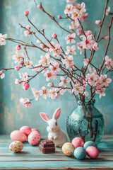 Wall Mural - Easter still life with branches of a blooming apple tree in a vase, Easter eggs and a chocolate rabbit. rustic style background 