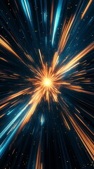 Fototapete - Neon starburst effect. Radiating lines in electric blue and bright yellow. Abstract energy patterns in a dark space. Vertical banner web cover, print ad, presentation, brochure template