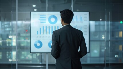 Poster - businessman analyzing data on screen in modern office environment, showcasing graphs and charts. atmosphere is professional and focused