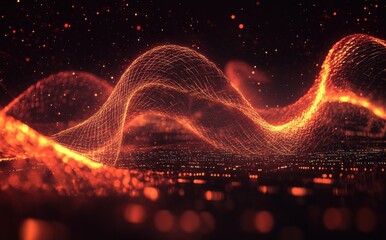 Poster - Abstract vibrant orange waves with glowing particles and dynamic lines on a dark background, illustrating motion, energy, and modern digital aesthetics