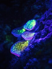 Poster - Glowing bacteria illuminated by UV light in a dark aquatic environment showcasing vibrant colors and intricate patterns. Generative AI
