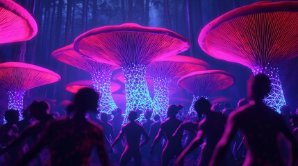 Sticker - Surreal Forest Scene with Neon Mushrooms and Dancing Silhouettes