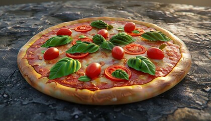 Sticker - A freshly baked pizza with mozzarella cheese, tomato sauce, cherry tomatoes, and basil leaves.