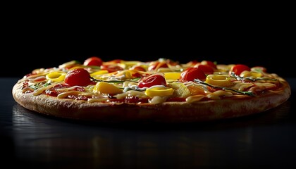 Sticker - A delicious pizza with tomato, pepper, and cheese on a black background.