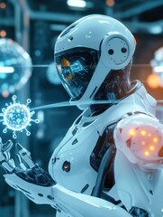 Fototapete - Innovative robots engage in virus neutralization technology at a futuristic laboratory environment. Generative AI