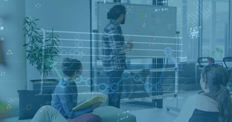 Poster - Image of financial data processing over diverse business people in office