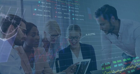 Poster - Image of data processing and diagrams over diverse business people discussing work