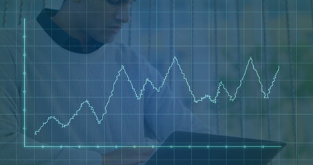 Poster - Image of shapes and diagrams over biracial businessman using laptop