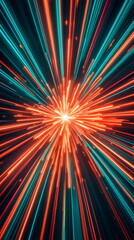 Fototapete - Radiating lines of neon orange and turquoise, resembling energy waves moving outward in a dynamic pattern. Vertical element for festive party, seminar talks, social media post