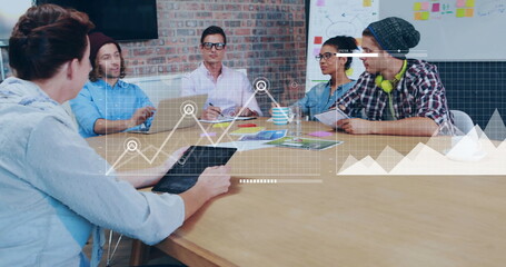 Poster - Image of financial data processing over diverse business people in office