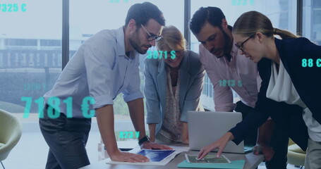 Poster - Image of financial data processing over diverse business people in office