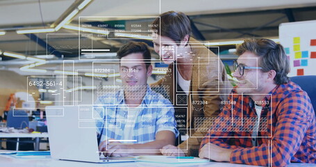 Poster - Image of financial data processing over diverse business people in office