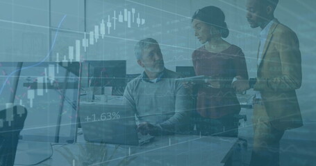 Poster - Image of data processing and diagrams over diverse business people discussing work
